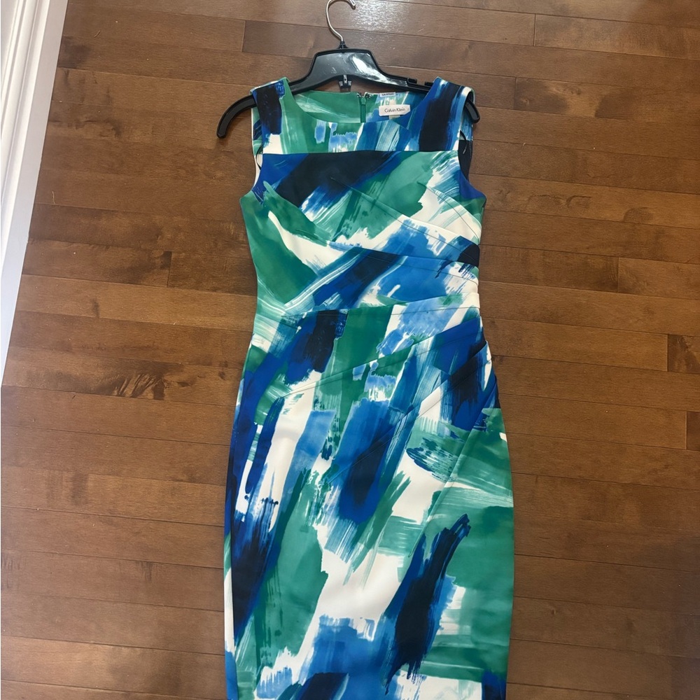 Calvin Klein Green and Blue Square Neck Sheath Midi Dress